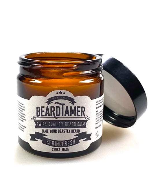 Bartbalsam Springfresh von Beardtamer in braunem Glas mit schwarzem Deckel zur gepflegten Bartpflege und frischem Duft