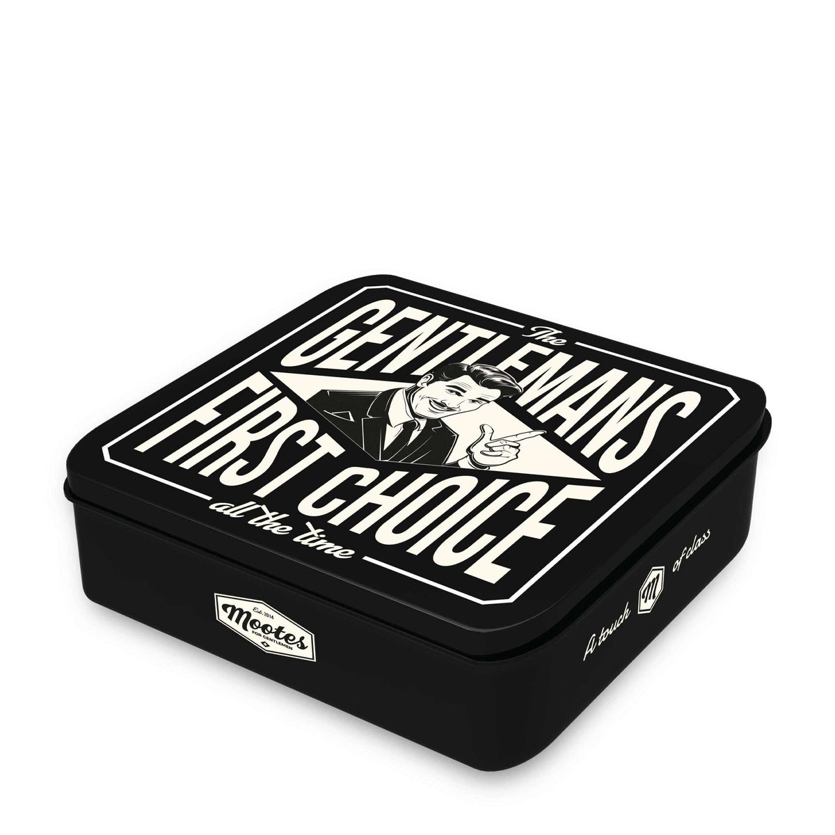 Robuste schwarze Geschenkbox ohne Inhalt mit Vintage-Aufdruck "The Gentleman's First Choice" aus Blech zur Aufbewahrung von Kleinkram.
