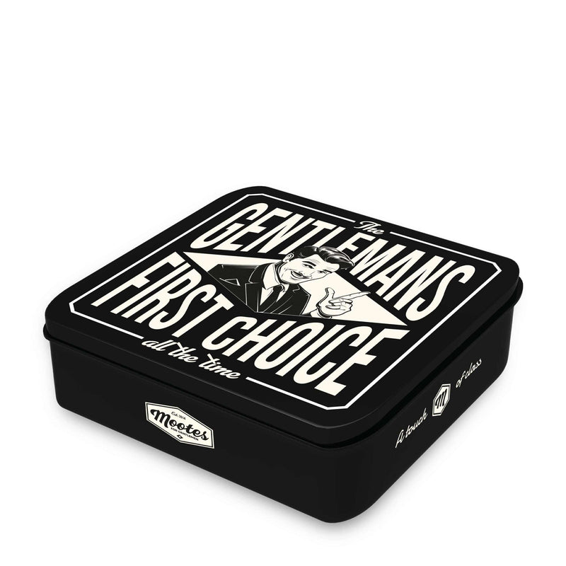 Robuste schwarze Geschenkbox ohne Inhalt mit Vintage-Aufdruck "The Gentleman's First Choice" aus Blech zur Aufbewahrung von Kleinkram.