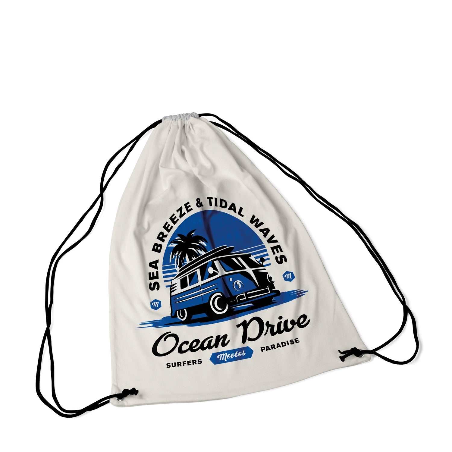 weiße Gymbag Ocean Drive von Mootes aus robuster Canvas-Baumwolle mit blau-schwarzem Surfmotiv und Zugkordelverschluss