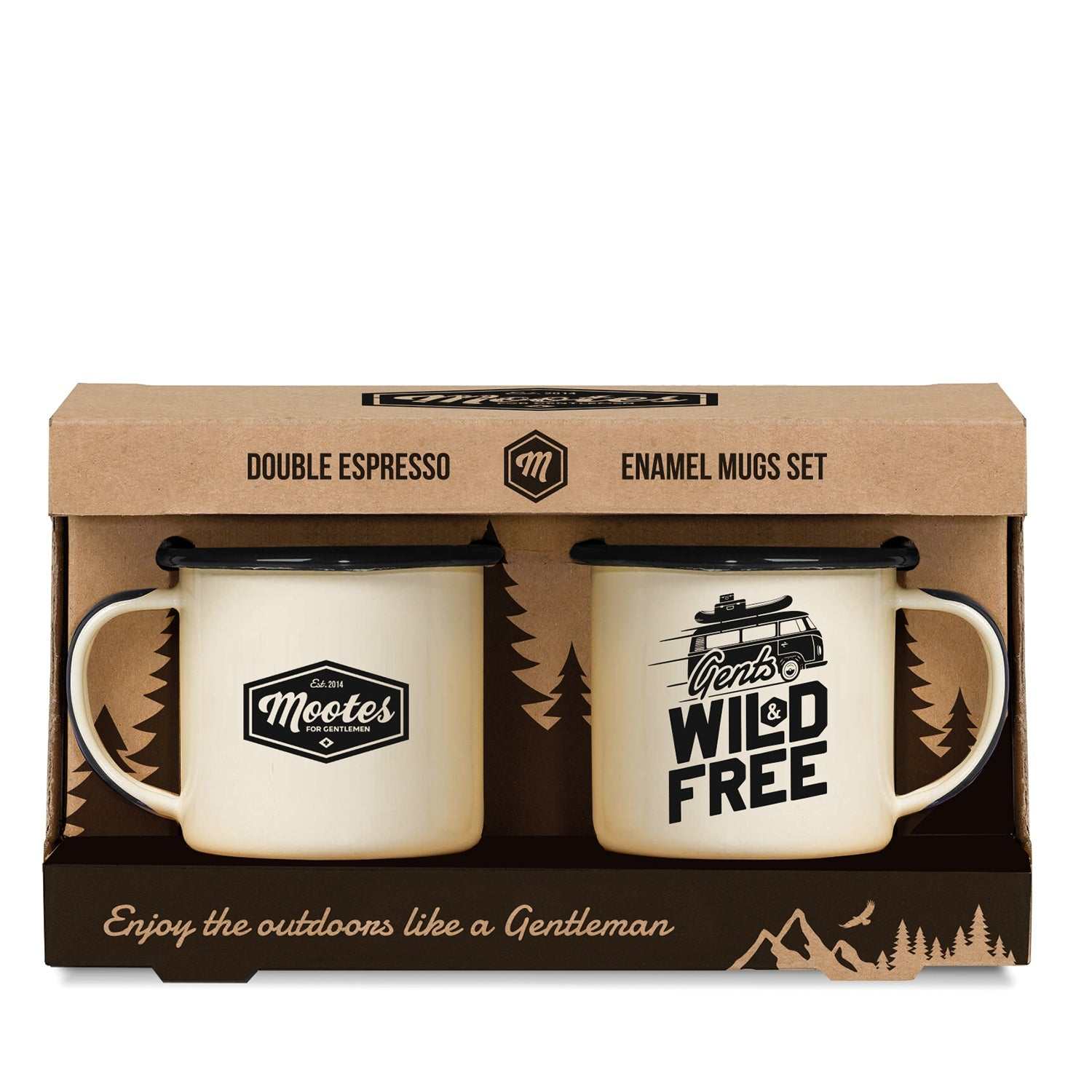 Set aus zwei robusten emaille Espressotassen Mootes cremefarben mit schwarzem Rand und Wild & Free Motiv, ideal für Outdoor und Camping