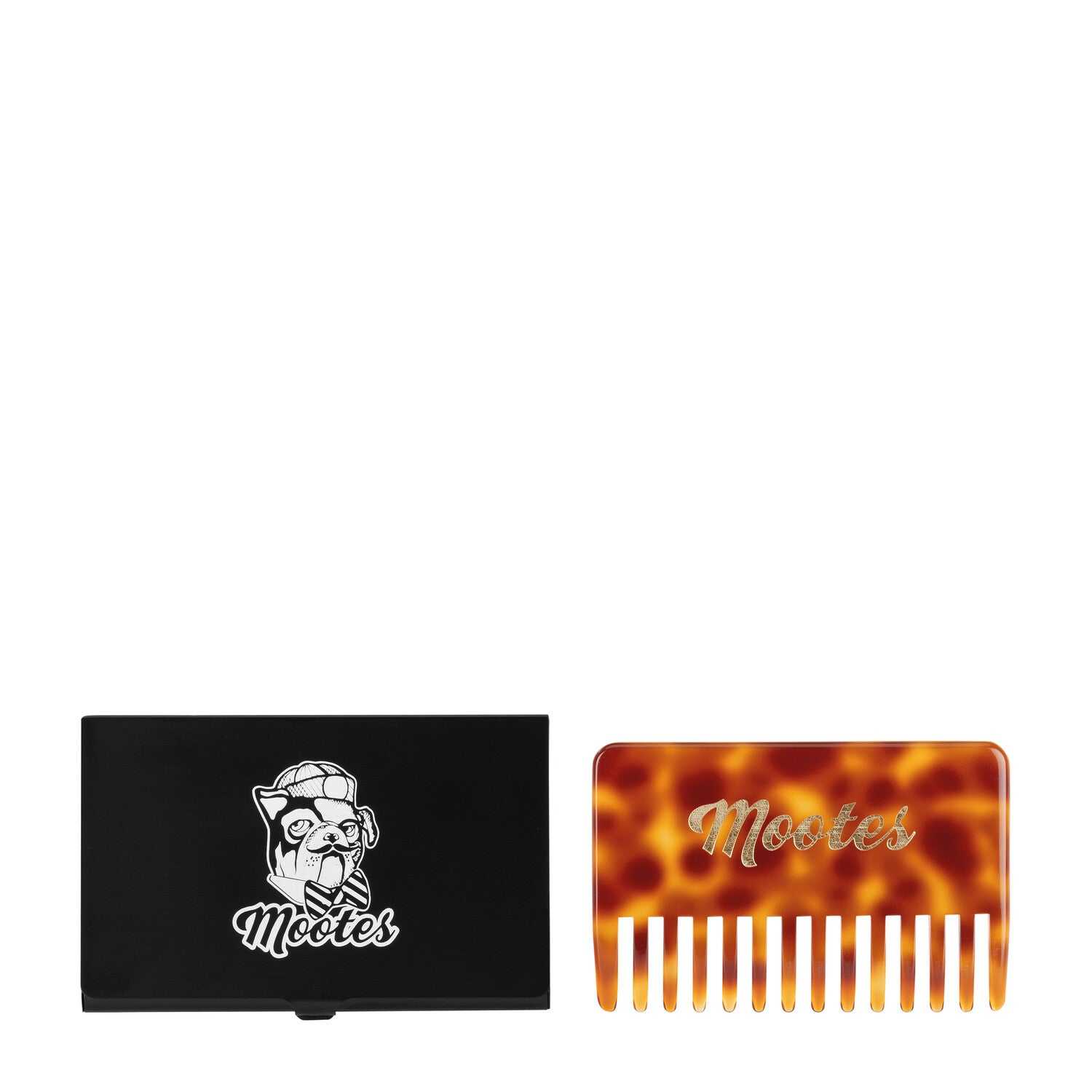 Bartkamm aus Zellulose mit weiten Zähnen von Mootes in braunem Design und schwarzer Aufbewahrungsbox
