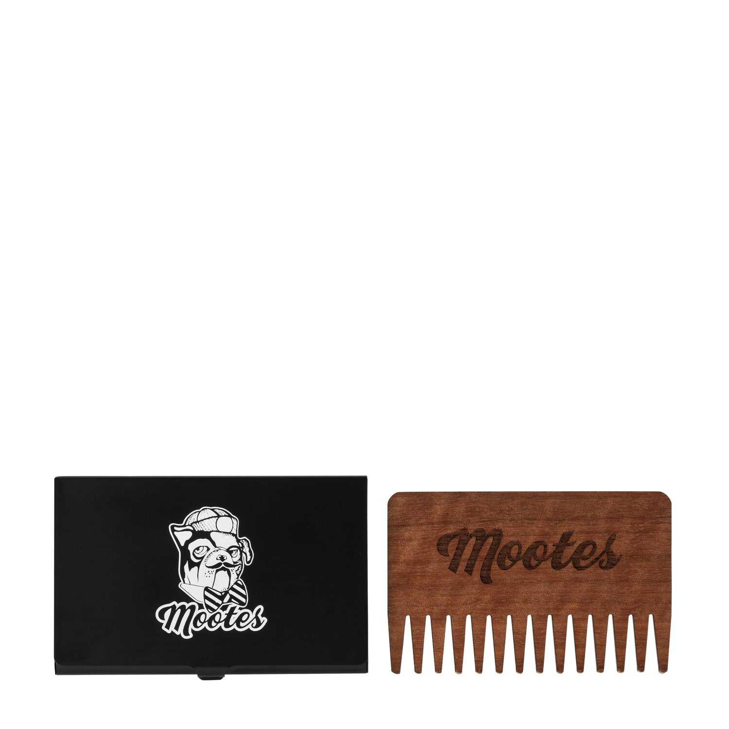 Bartkamm aus Holz mit weiten Zähnen von Mootes in edler Alu-Box, kompakt und handlich für schonende Bartpflege.