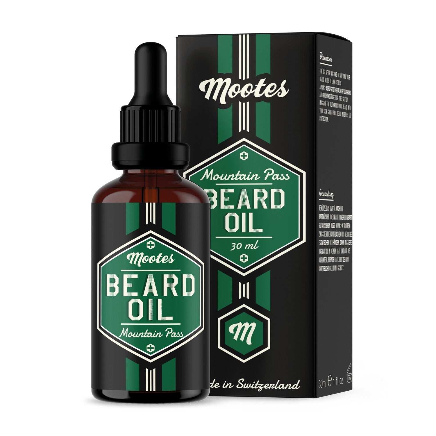 Mootes Bartöl Mountain Pass 30 ml mit natürlicher Pflege für Bart und Haut in schwarzer Flasche und Verpackung