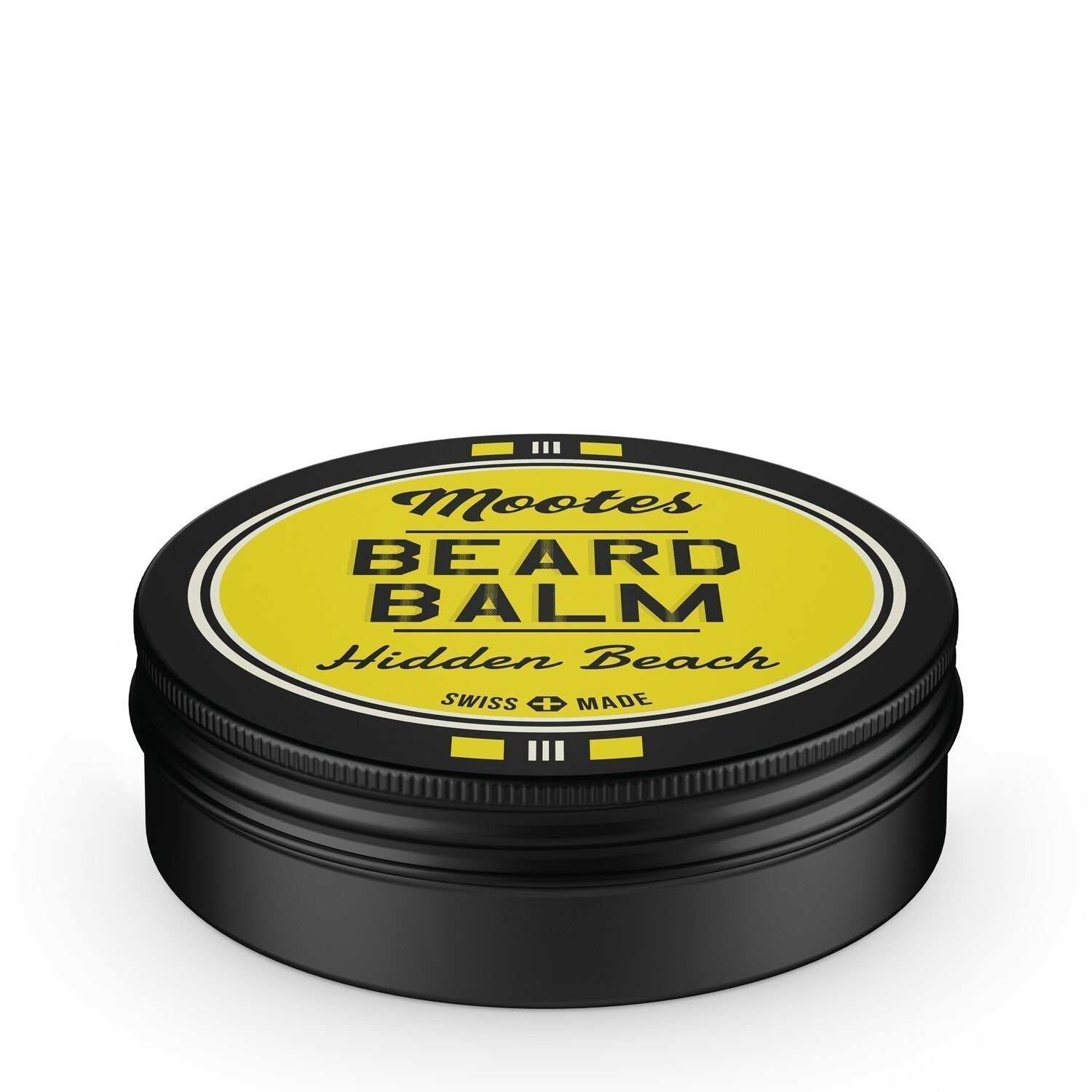 Bartbalsam Hidden Beach von Mootes in schwarzer Dose mit gelbem Etikett, pflegt und stylt den Bart mit natürlichem Halt und frischem Limette-Zitronengras-Duft