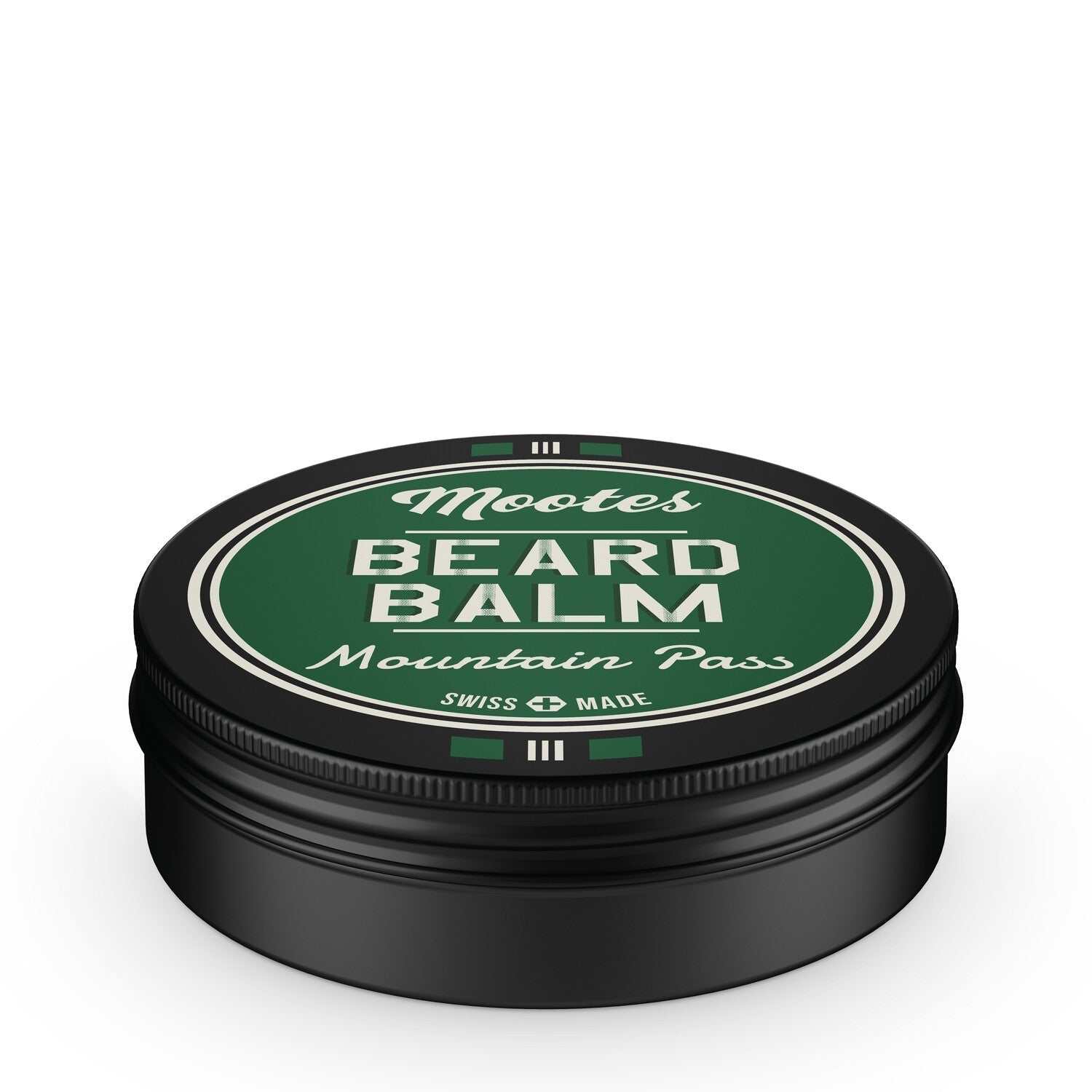 Mootes Bartbalsam Mountain Pass in schwarzer Dose mit grünem Deckel für Pflege und Styling des Bartes, hergestellt in der Schweiz