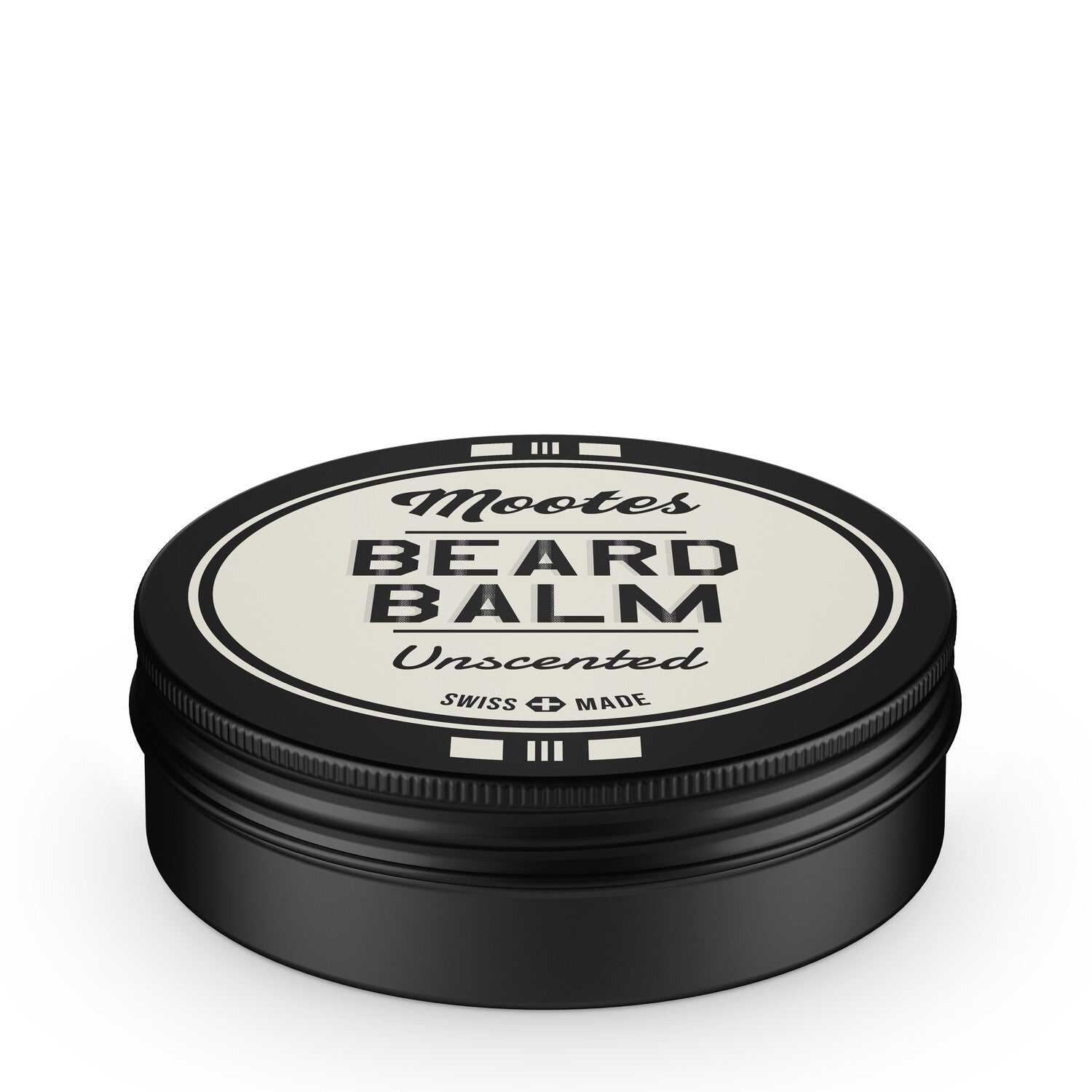 Mootes unscented Bartbalsam in schwarzer Dose, pflegt und stylt mit natürlichen Inhaltsstoffen, hergestellt in der Schweiz.