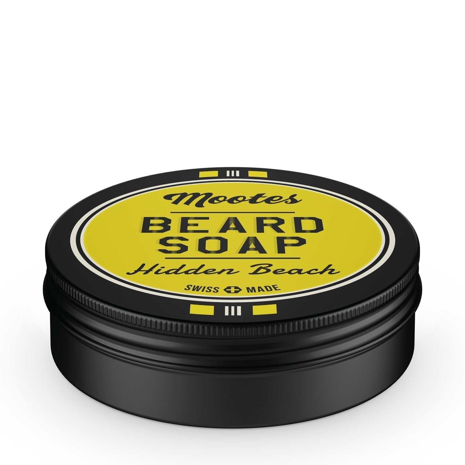 Mootes Bart- und Duschseife Hidden Beach in schwarzer Aluminiumdose, vegane Pflege mit Aloe, Edelweiss und fruchtig-frischem Duft, made in Switzerland.