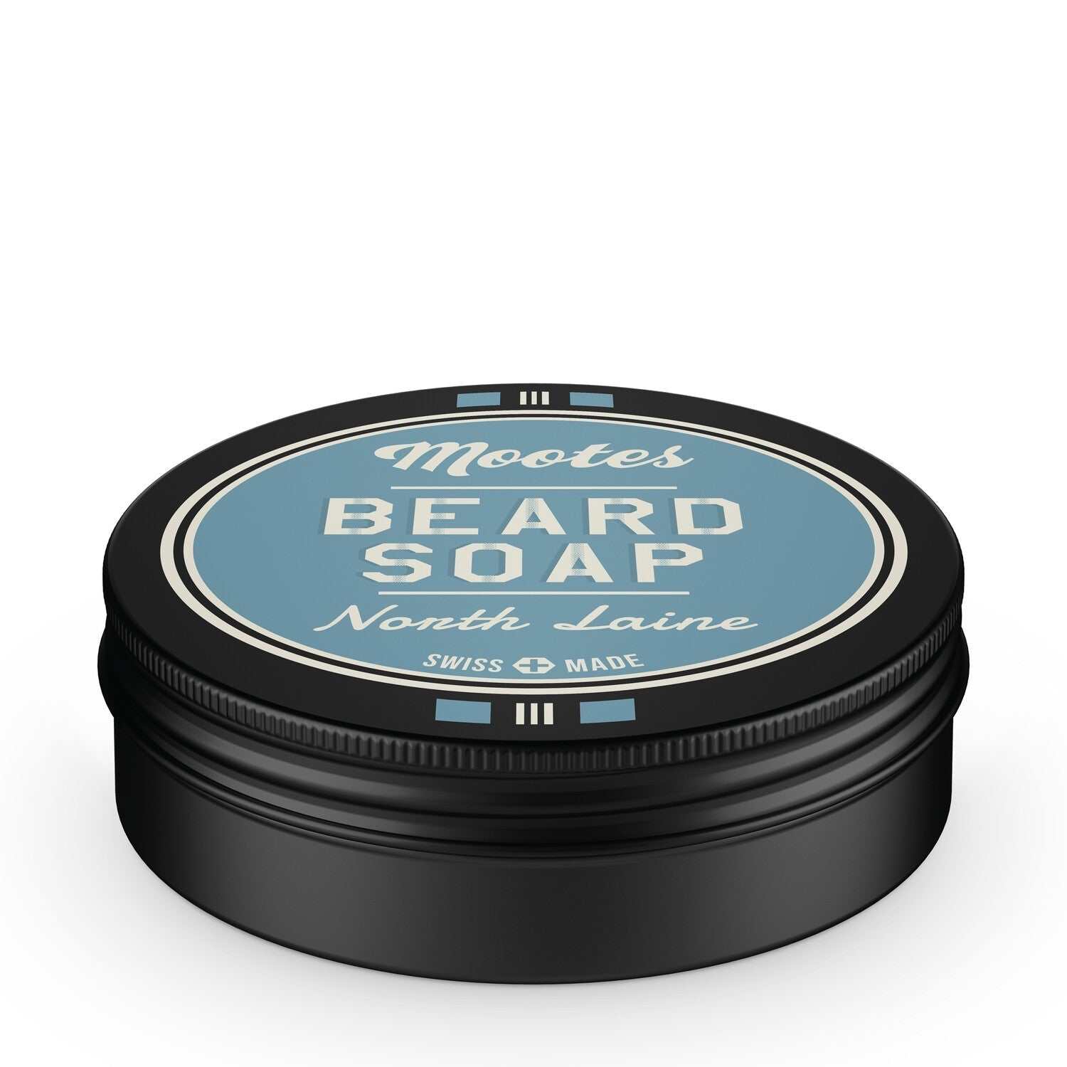 Runde Dose der Bart- und Duschseife North Laine von Mootes mit blauem Deckel und Schweizer Herstellung.