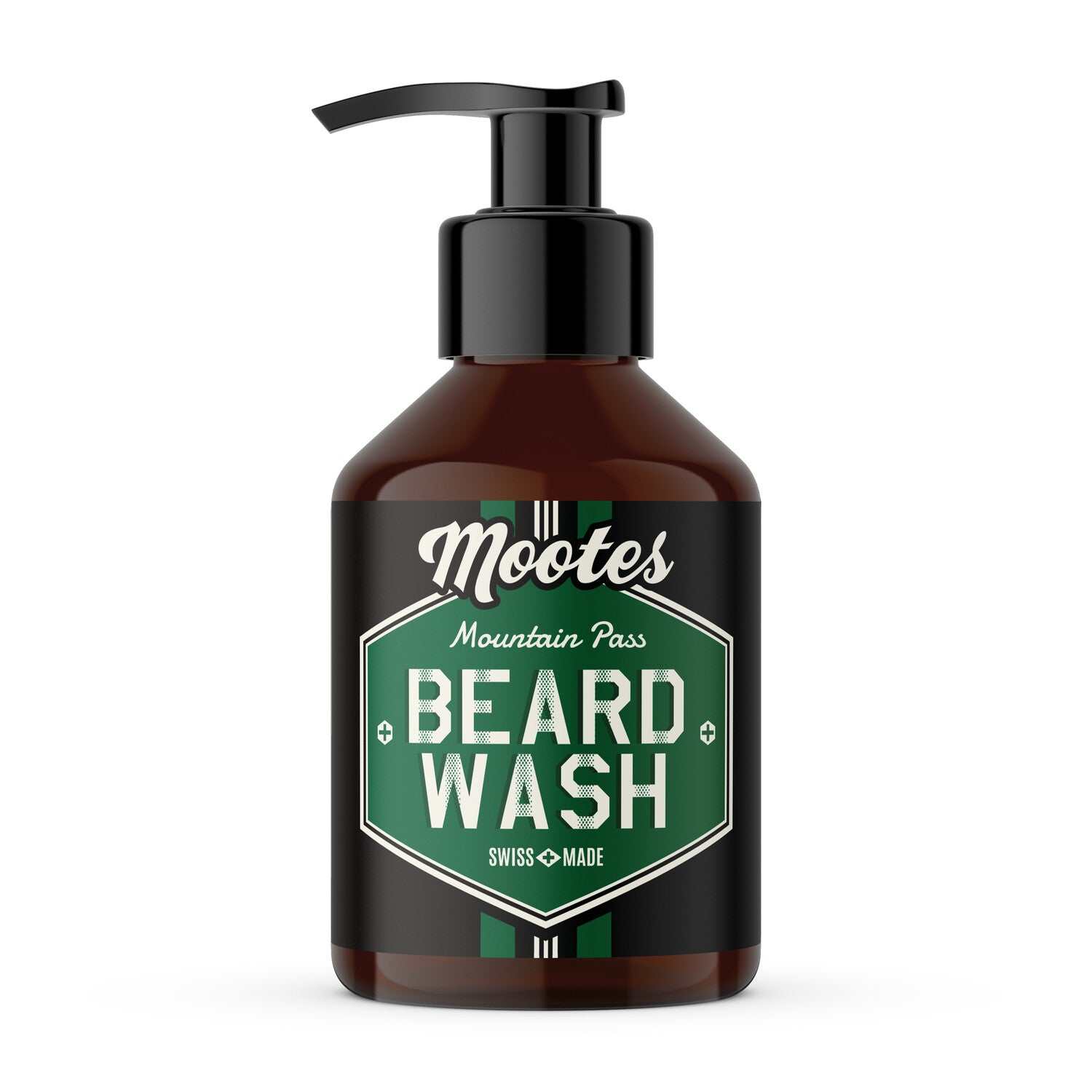 Bartshampoo Mountain Pass von Mootes in Glasflasche mit Dosierspender, mild und natürlich für Bart- und Gesichtshautpflege, hergestellt in der Schweiz.