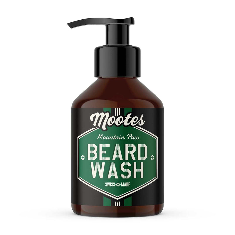 Bartshampoo Mountain Pass von Mootes in Glasflasche mit Dosierspender, mild und natürlich für Bart- und Gesichtshautpflege, hergestellt in der Schweiz.