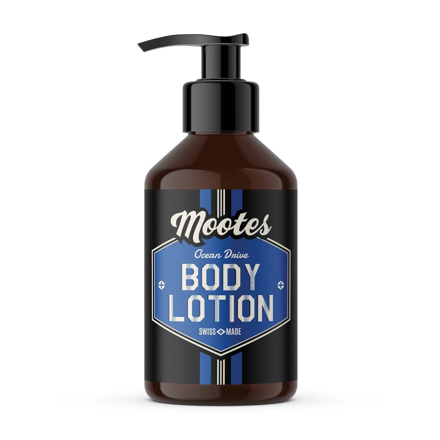 Mootes Bodylotion Ocean Drive in brauner Flasche mit Pumpspender, natürliche vegane Pflege mit frischem Meeresduft, hergestellt in der Schweiz