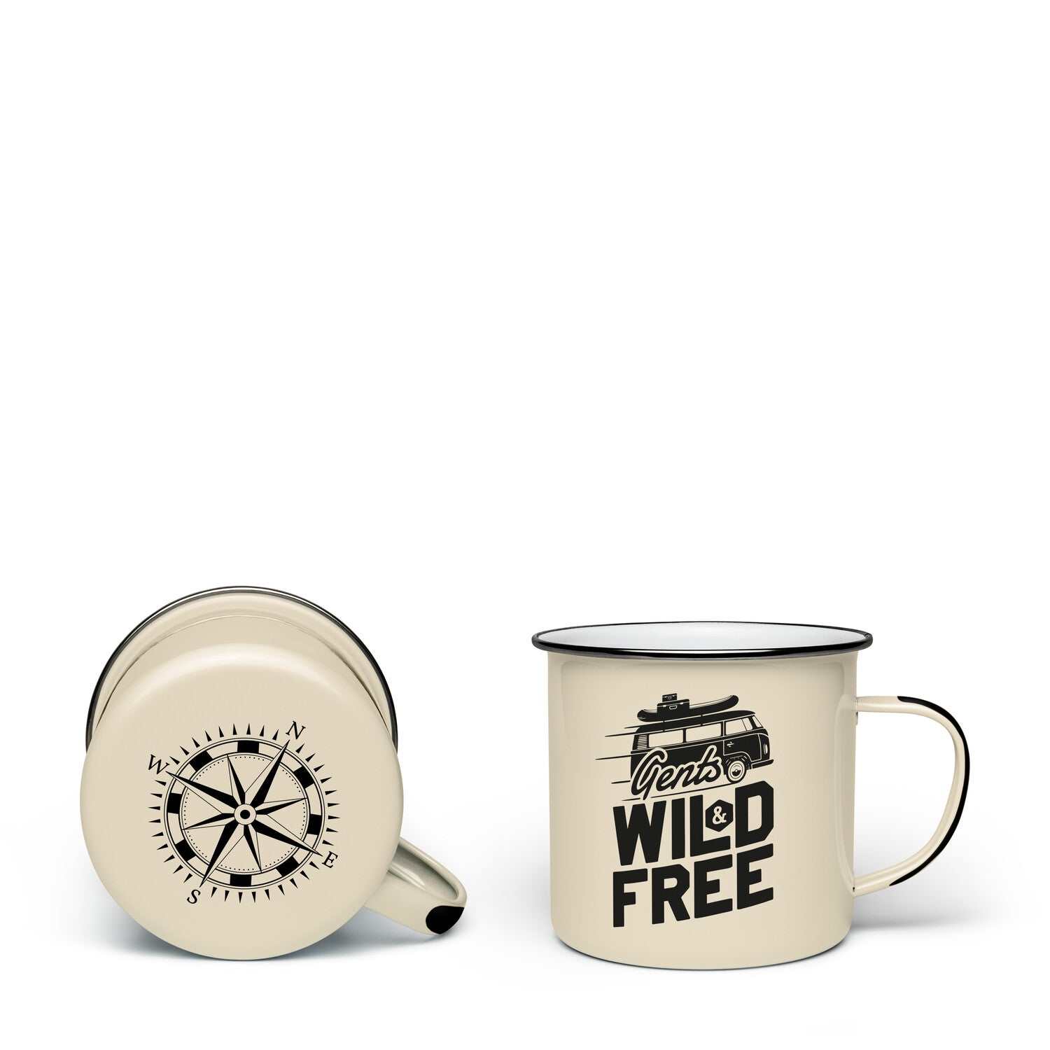 Espresso Tassen Mootes Set mit doppeltem Fassungsvermögen, emailliert, cremefarben mit schwarzem Rand, Outdoor-Design mit Kompass und Bully-Aufdruck.