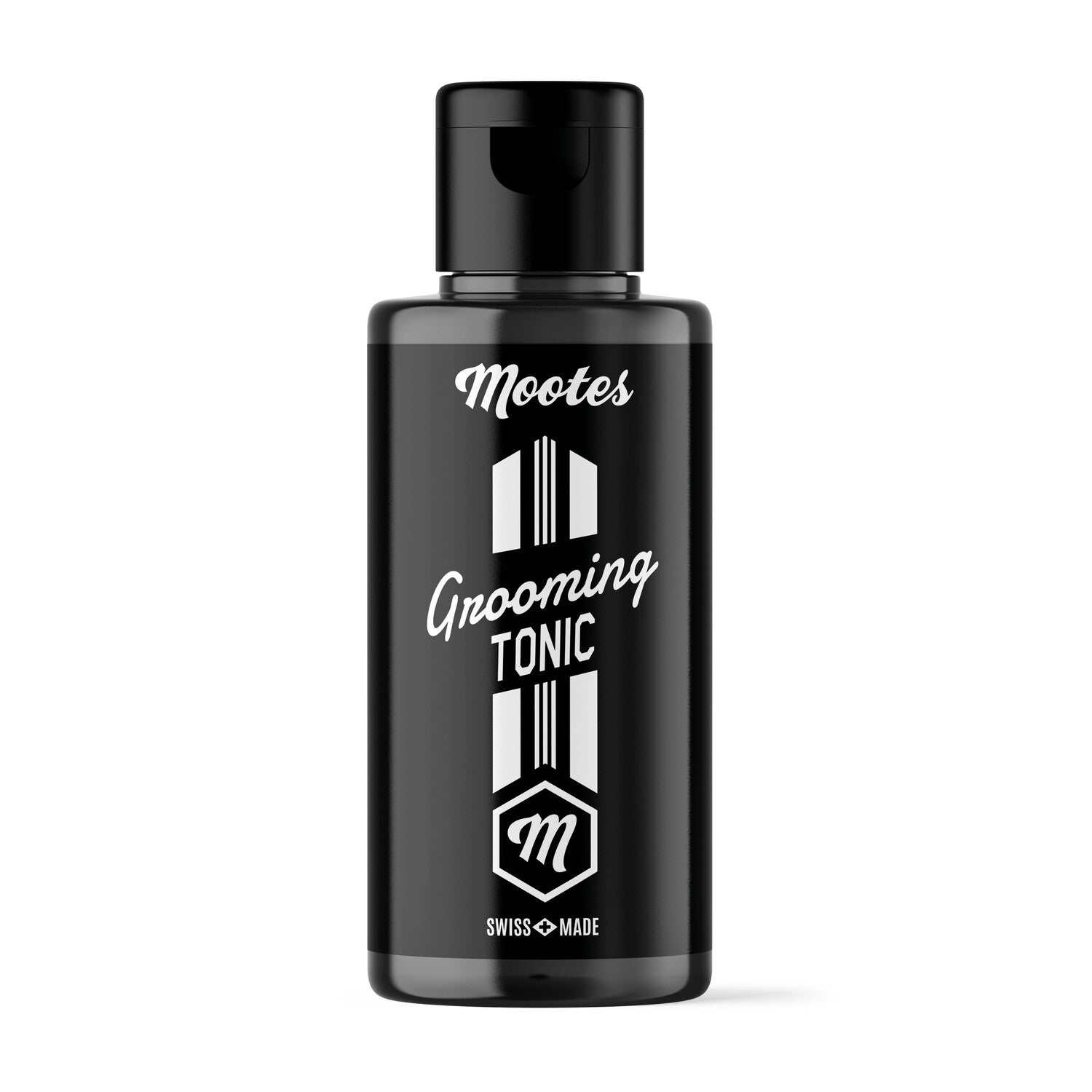 schwarze Flasche mit Grooming Tonic von Mootes für flexibles Hairstyling und Bartpflege mit natürlichem Duft aus Bergamotte, Orange und Zitrone