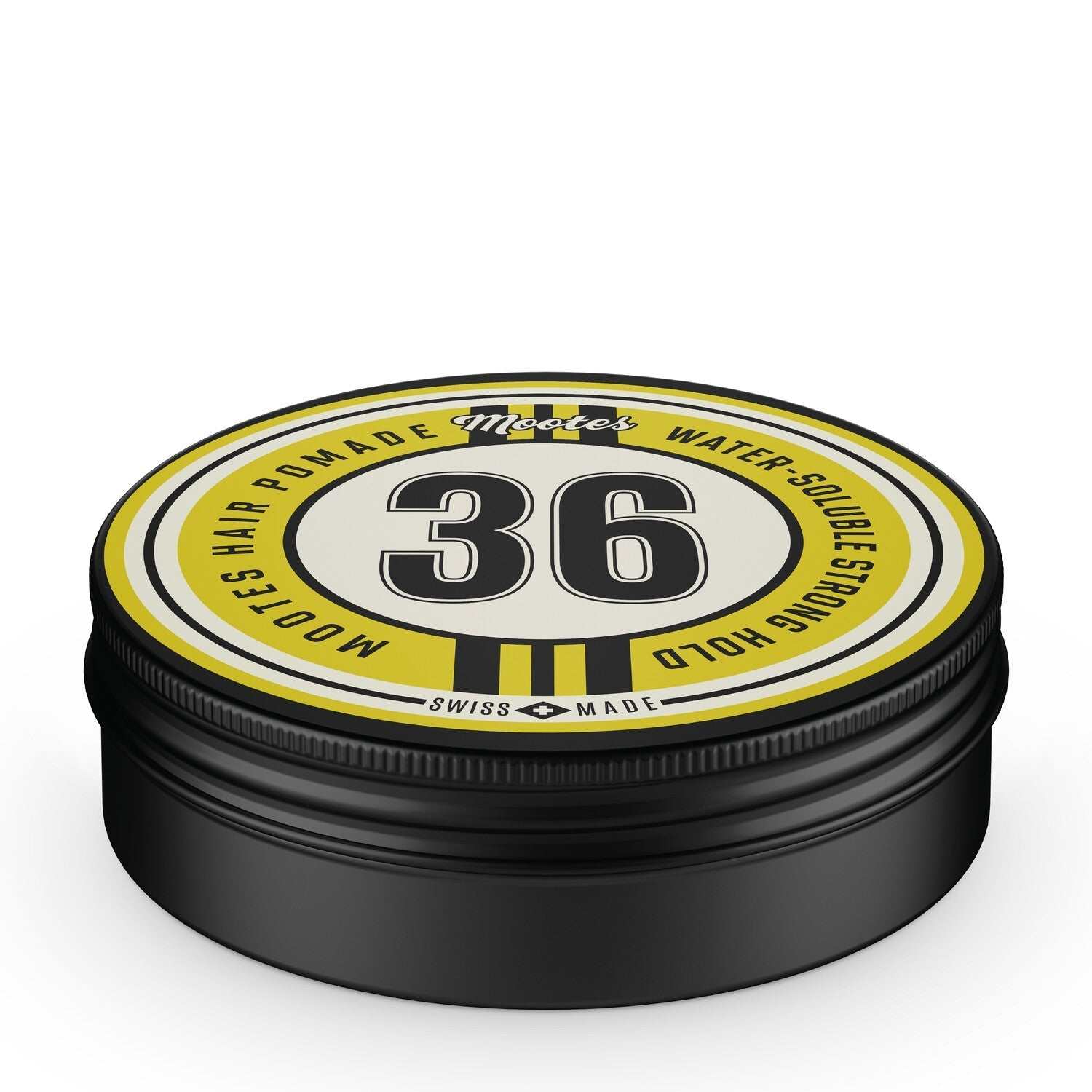 Haarpomade #36 Strong Hold wasserlöslich von Mootes mit starkem Halt und glänzendem Finish in schwarzer Dose