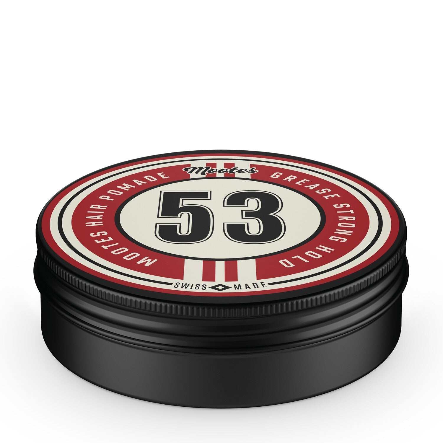 Haarpomade #53 Grease Strong Hold von Mootes, starker Halt, glänzendes Finish, Bienenwachs und Cocosöl, ideal für Grease- und Pomp-Frisuren.