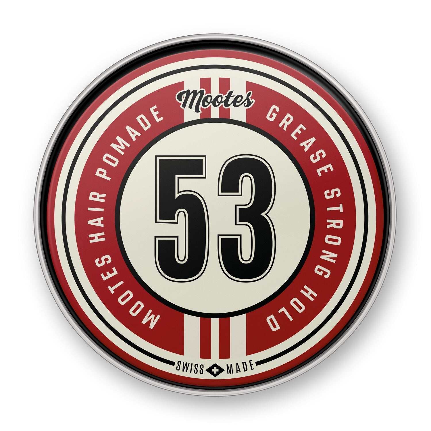 Runde Dose der Haarpomade #53 Grease Strong Hold von Mootes mit starkem Halt und glänzendem Finish für maskulinen Grease-Look.
