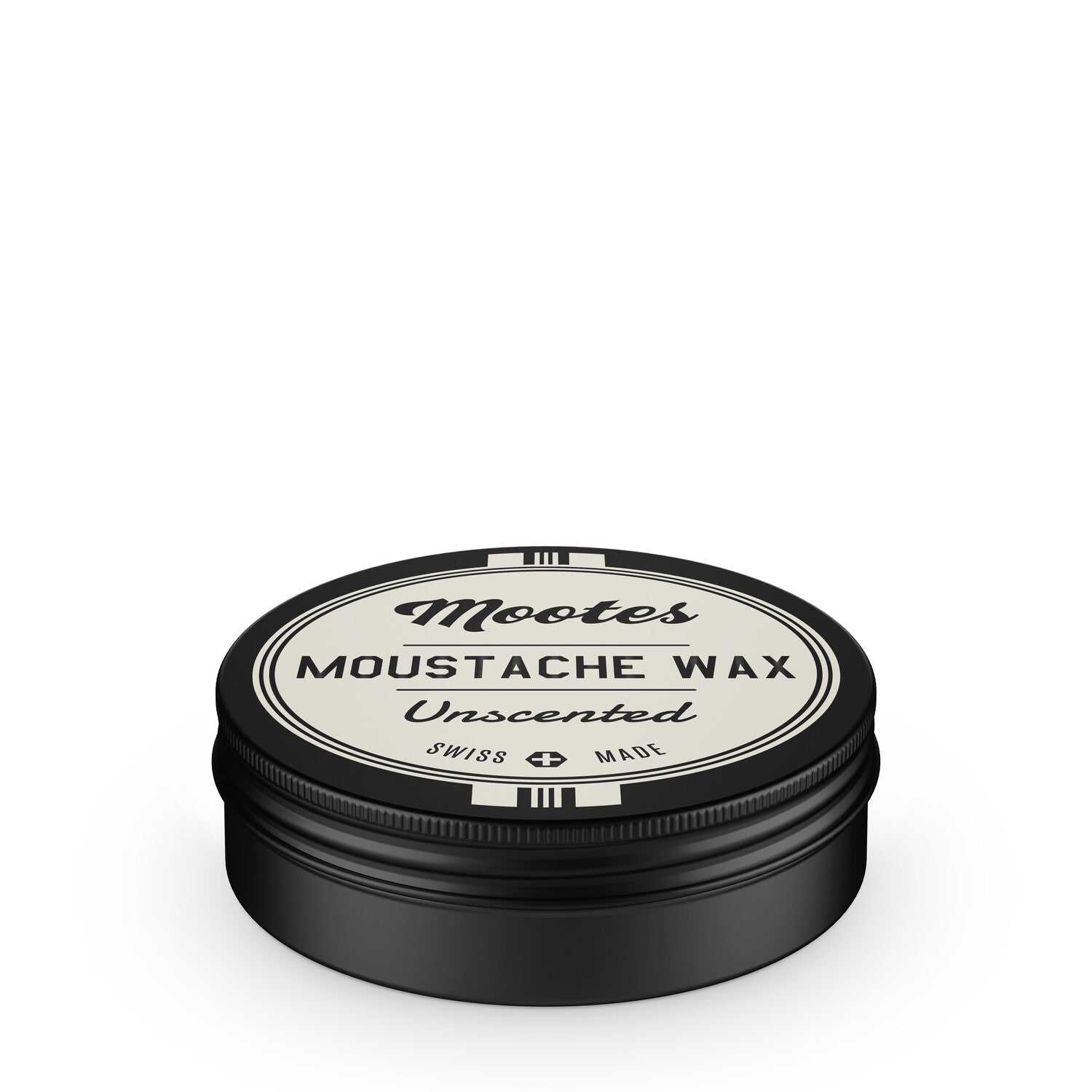 Schwarze Dose mit Mootes Schnauzwachs unscented, naturreines, geruchloses Moustache Wax für sicheren Halt und natürlichen Glanz