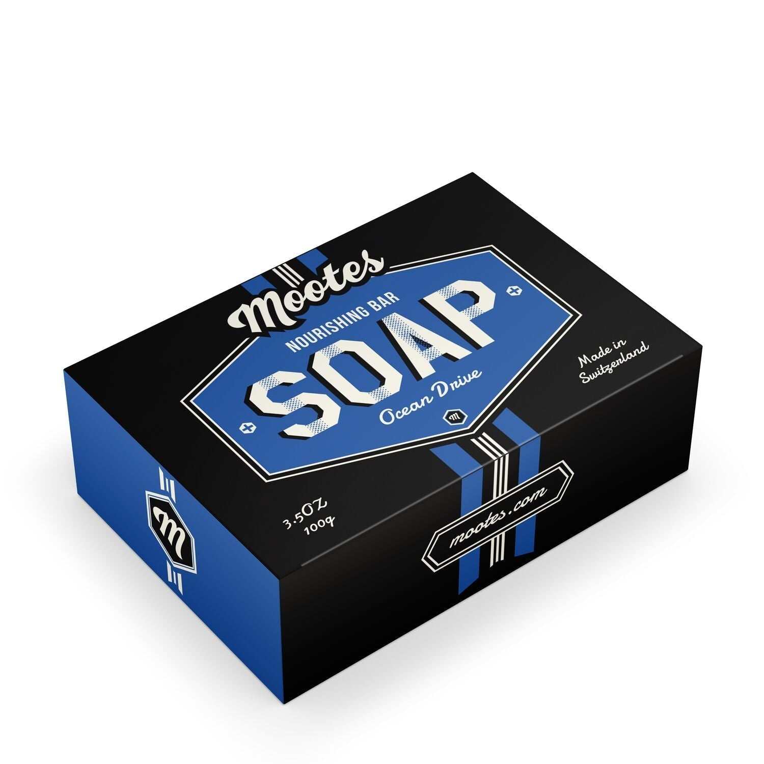 Pflegeseife Ocean Drive - Mootes schwarze und blaue Verpackung mit ozeanfrischem Duft und natürlichen Inhaltsstoffen