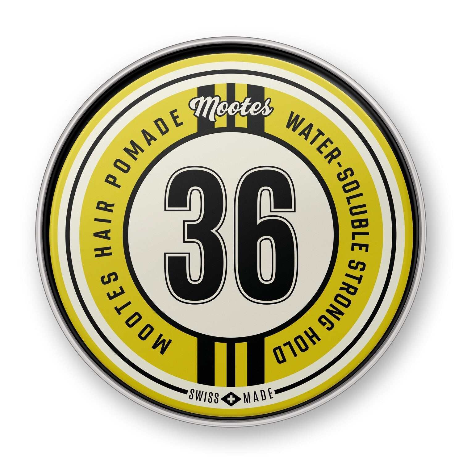 Mootes Haarpomade #36 Strong Hold wasserlöslich in runder Dose mit gelbem Etikett und Rennwagen-Inspiration