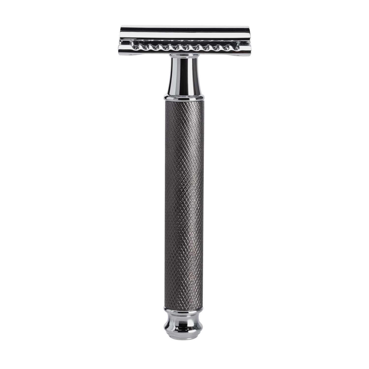 Rasierhobel Mootes mit chrombeschichtetem, anthrazit ziseliertem Griff und geschlossenem Kamm für präzise Nassrasur