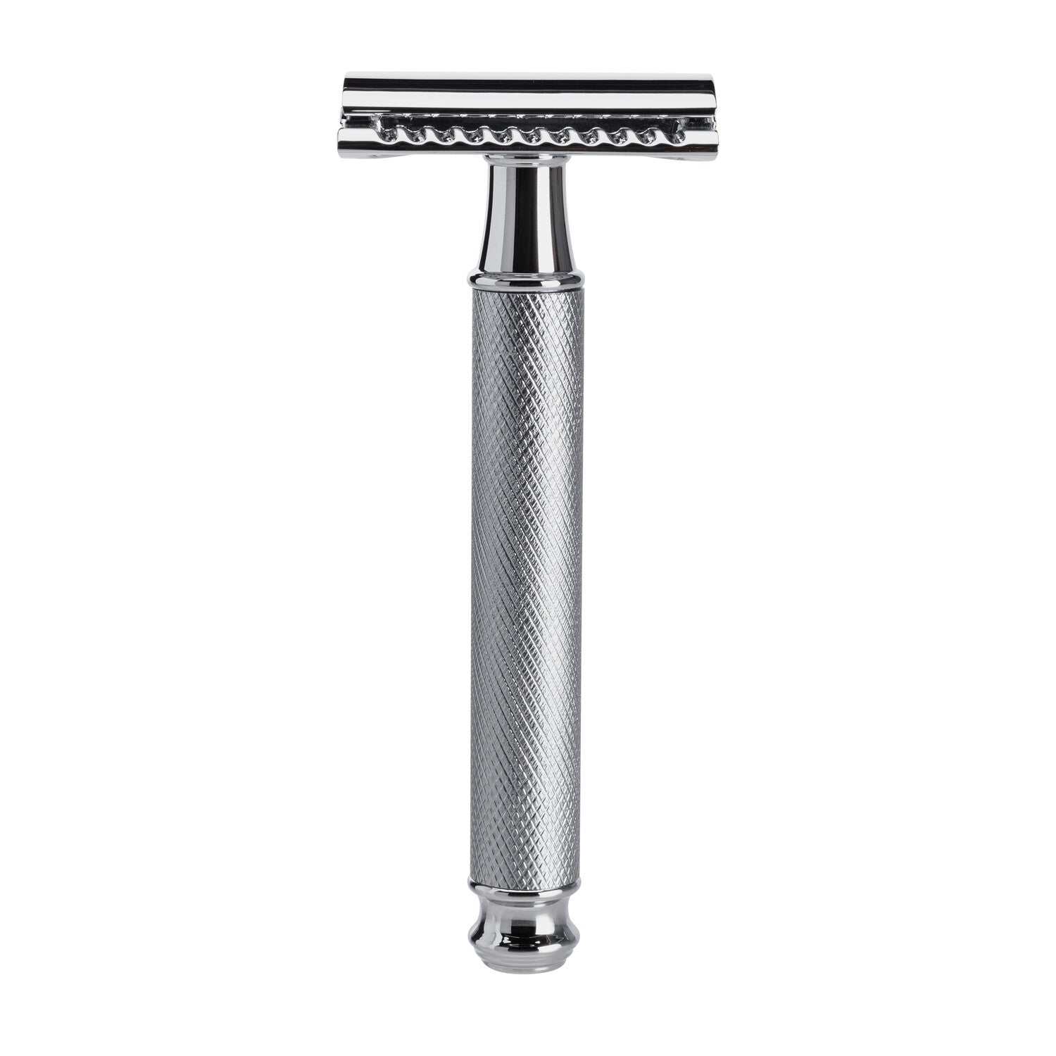 Rasierhobel aus matt verchromtem, ziseliertem Stahl mit geschlossenem Kamm von Mootes für schonende, präzise Rasur.