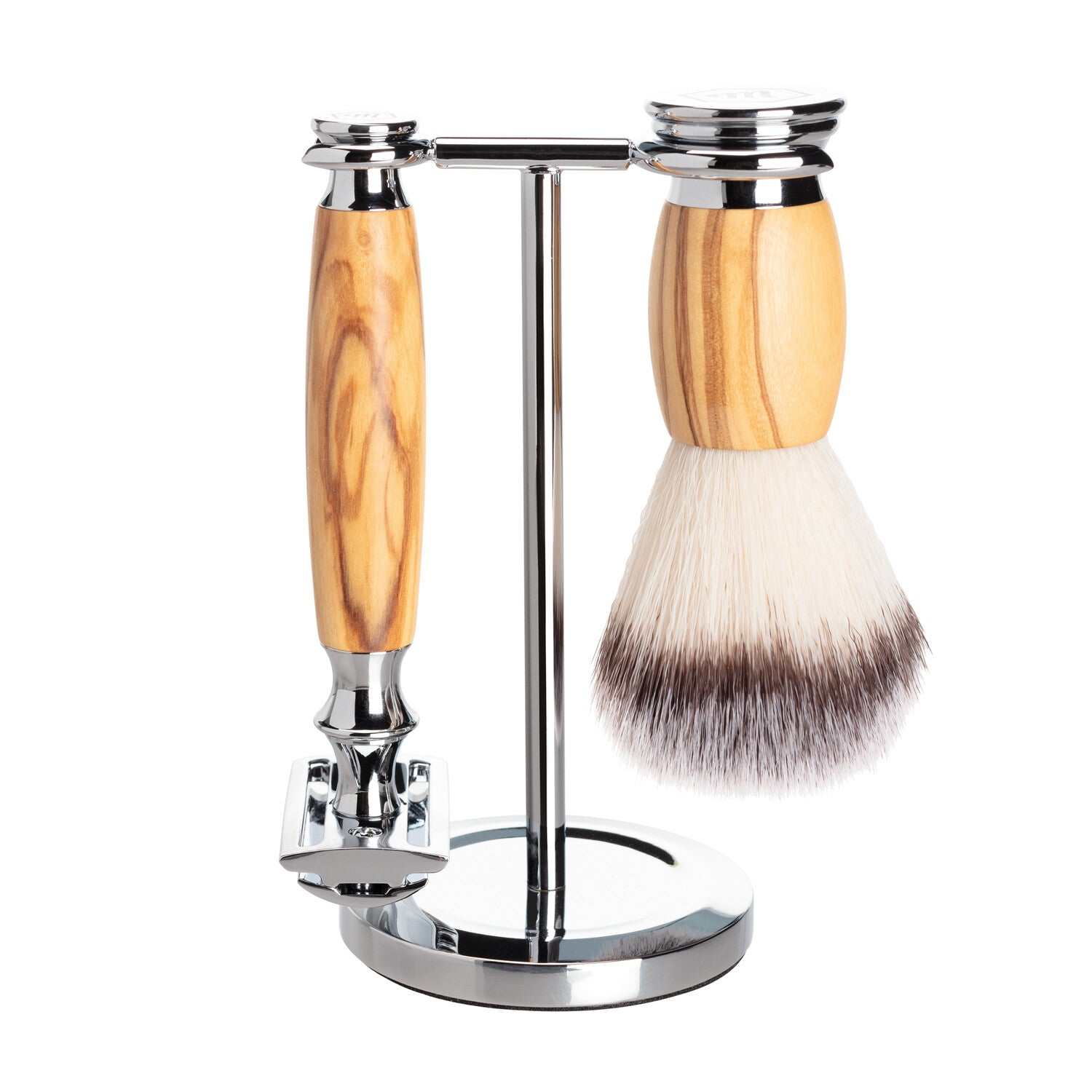 Rasierhobelset aus Olivenholz mit Rasierpinsel und chromfarbenem Ständer, stilvolles Nassrasur-Set