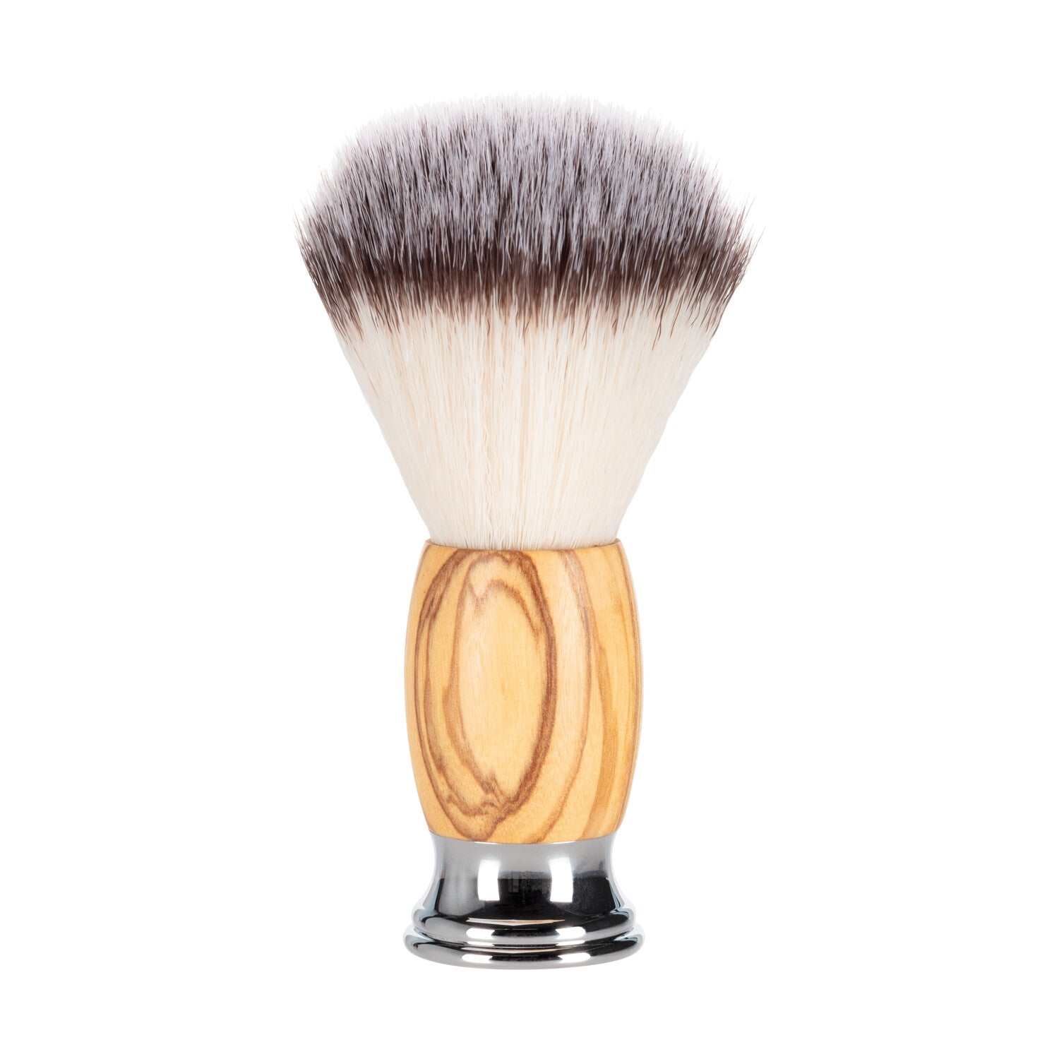 Rasierpinsel Olivenholz Mootes mit synthetischen Fasern und silberfarbenem Stahlgriff für cremigen Rasierschaum.