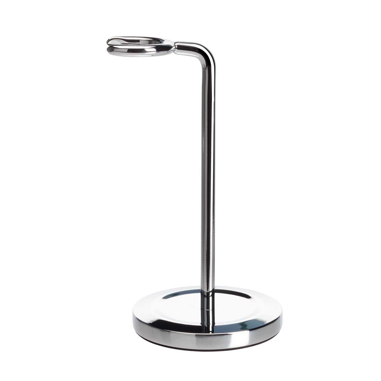 Rasierpinsel Ständer Mootes aus verchromtem Metall mit stabilem rundem Sockel und U-förmiger Halterung für Nassrasur-Pinsel