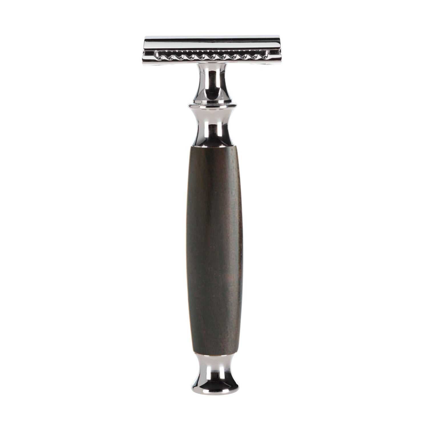 Rasierhobel mit Griff aus robustem Eisenholz und silberfarbenem Metall, klassisches Design von Mootes für gründliche Nassrasur.