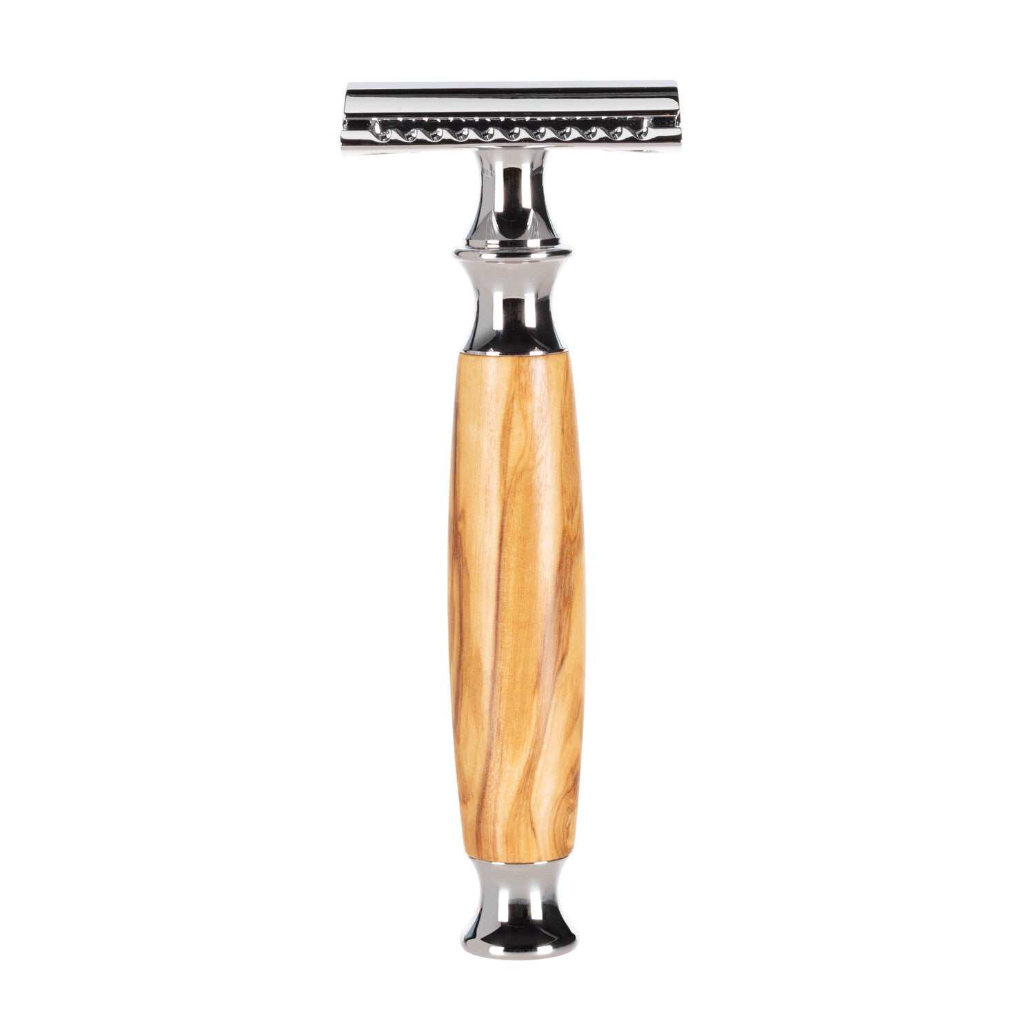 Moderner Rasierhobel mit ergonomischem Griff aus Olivenholz und rostfreiem Stahl, geschlossenem Kamm, für sanfte Nassrasur – Mootes Design
