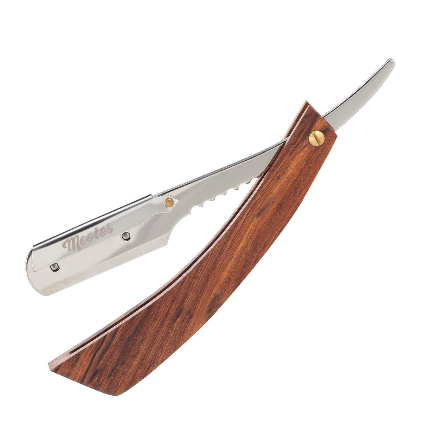 Mootes Rasiermesser mit Wechselklinge und Griff aus dunklem Rosenholz, rostfreier Edelstahl, elegante Nassrasur-Alternative.