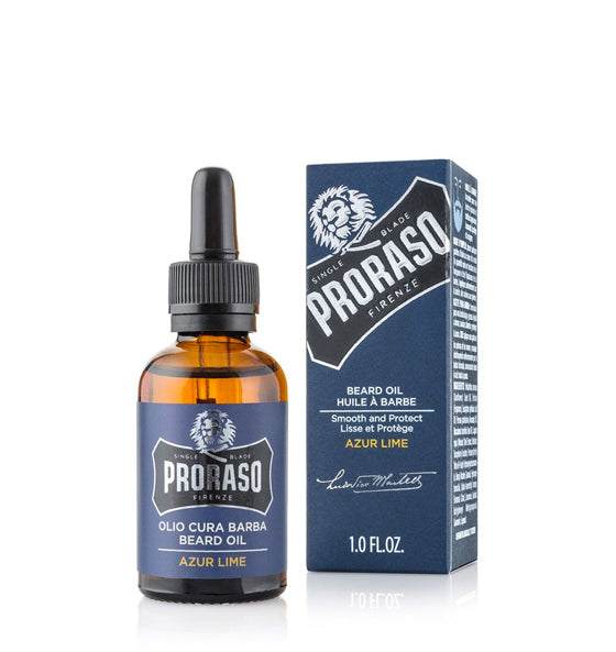 Proraso Azur Lime Bartöl mit Macadamianuss- und Avocadoöl für intensive Pflege und erfrischenden Zitrusduft.