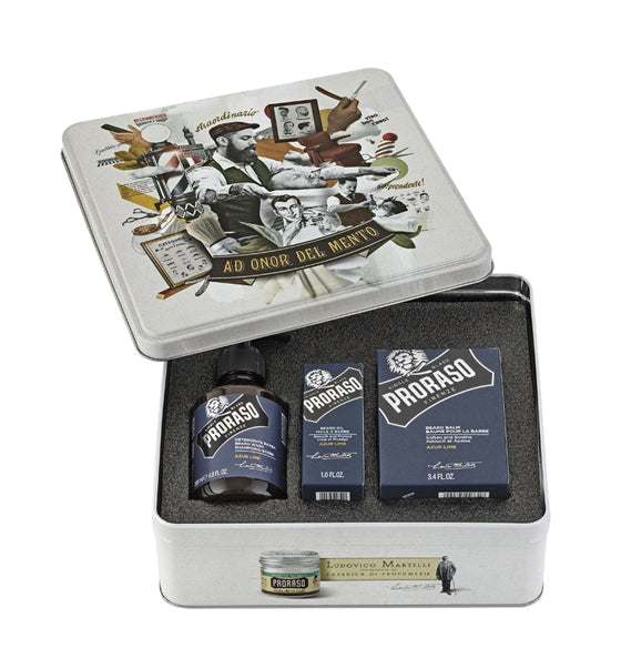 Proraso Bartpflege-Set Azur Lime mit Bartshampoo, Bartöl und Bartbalsam in stilvoller Blechdose, frischer Zitrusduft