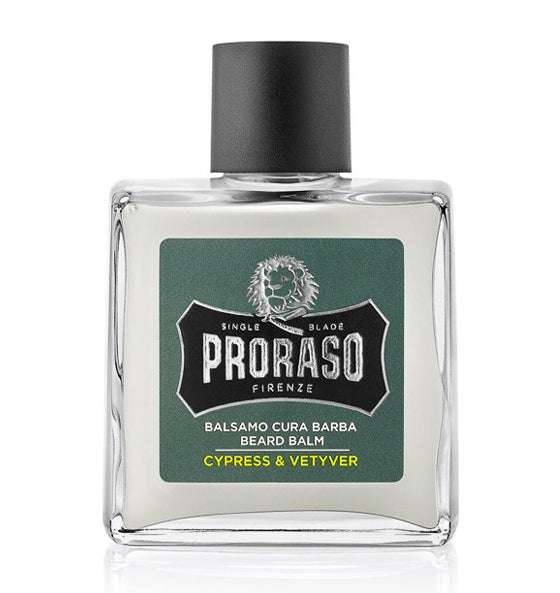 Proraso Bartbalsam Cypress & Vetiver in quadratischer Flasche mit holzigem Duft für weichen, gepflegten Bart und erfrischte Haut
