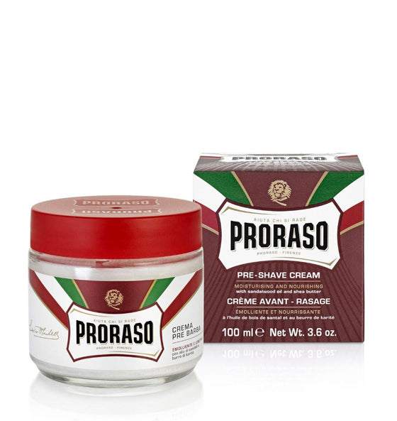Proraso Pre-Shave Cream rote Linie mit Sandelholzöl und Sheabutter zur optimalen Rasurvorbereitung für empfindliche Haut, 100 ml.