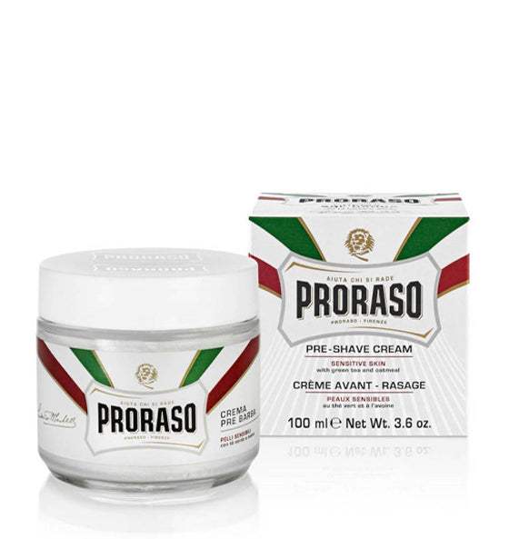 Proraso Pre-Shave Cream weisse Linie für empfindliche Haut mit Hafer- und Grüntee-Extrakten, sanfte Rasurvorbereitung, 100 ml.