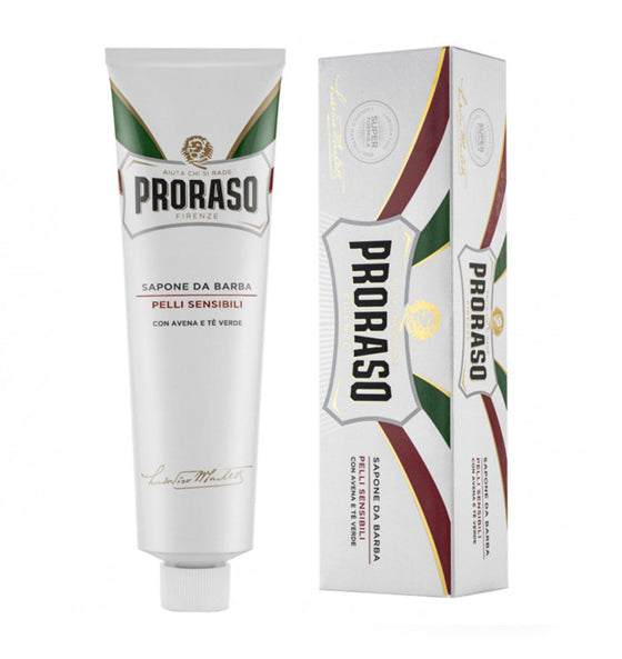 Proraso Rasiercreme weisse Linie für empfindliche Haut mit grünem Tee und Hafer, feuchtigkeitsspendend und beruhigend.