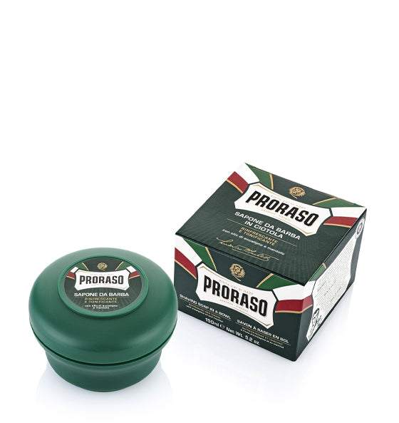 Proraso Rasierseife grüne Linie in grünem Tiegel mit Verpackung für erfrischende, tonisierende Rasur mit Eukalyptus und Menthol