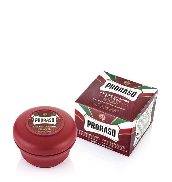 Rasierseife rote Linie Proraso im roten Tiegel mit Verpackung für professionelle Rasur und intensiven holzigen Duft