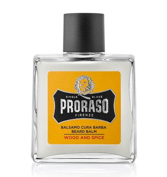 Proraso Bartbalsam Wood & Spice in transparentem Flakon mit schwarzem Deckel, holziger Duft für weichen, gepflegten Bart.