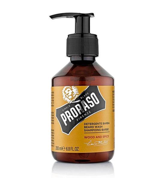 Proraso Bartshampoo Wood & Spice mit holzigem Duft, sanfter Reinigung und pflegenden Inhaltsstoffen für Bart und Haut.