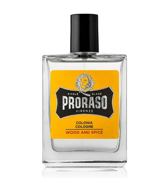 Eau de Cologne Wood & Spice von Proraso mit holzig-würzigem Duft und Noten von Kreuzkümmel, Safran, Amber, Guajakholz, Zedernholz, Vanille und Zistrose.