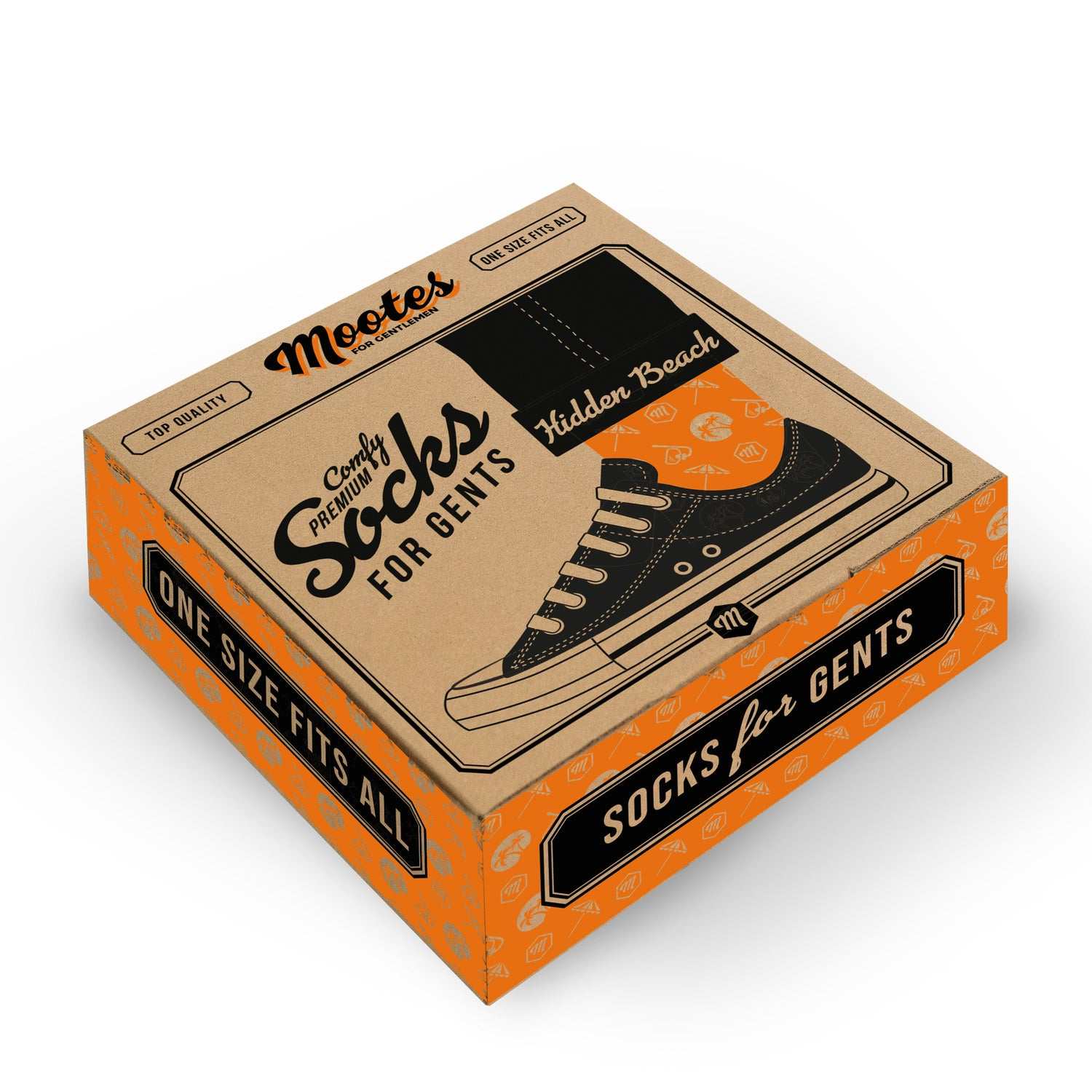 Verpackung der Mootes Socken Hidden Beach in stilvoller Kartonschachtel mit Strandmotiven und Einheitsgröße 41-45