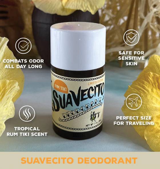 Deostick Suavecito ohne Aluminium für sensible Haut mit langanhaltendem tropischem Rum Tiki Duft, perfekt für Reisen