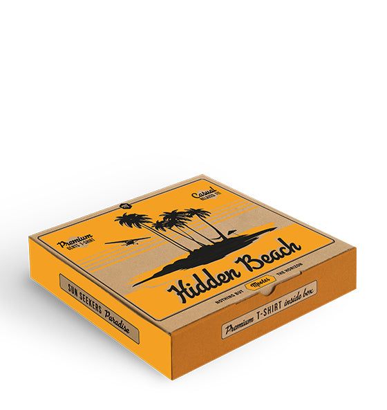 Verpackung des Mootes T-Shirts Hidden Beach mit tropischem Palmendesign und sonnigem gelb-schwarzem Siebdruck