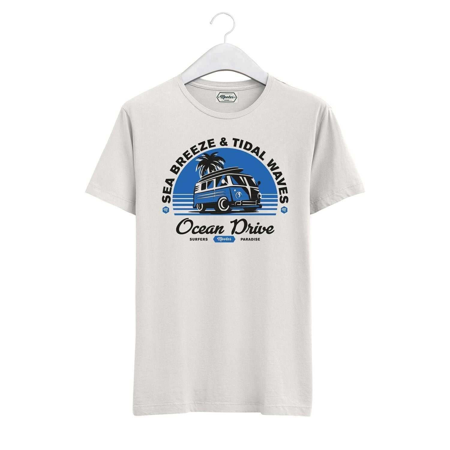 Mootes T-Shirt Ocean Drive aus off-white gekämmter Baumwolle mit Surfbus-Design und maritimem Schriftzug