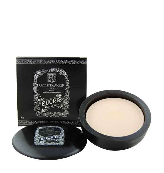 Rasierseife Eucris von Geo. F. Trumper in schwarzer Holzschale mit schwarzer Verpackung