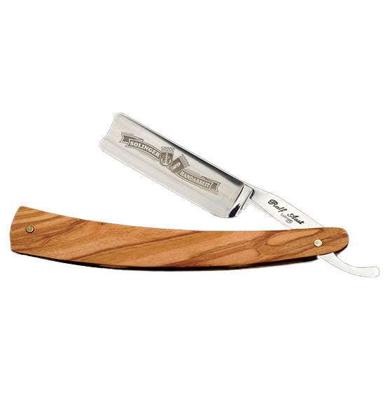Rasiermesser spanischer Kopf 6/8 Zoll mit handgefertigtem Olivenholzgriff und polierter Klinge von Aust, Solingen