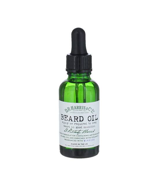 D.R. Harris Bartöl Windsor in grünem Glasflakon mit Pipette für Bartpflege und angenehmen Duft aus Zitrus, Grapefruit, schwarzem Pfeffer und Vetiver.